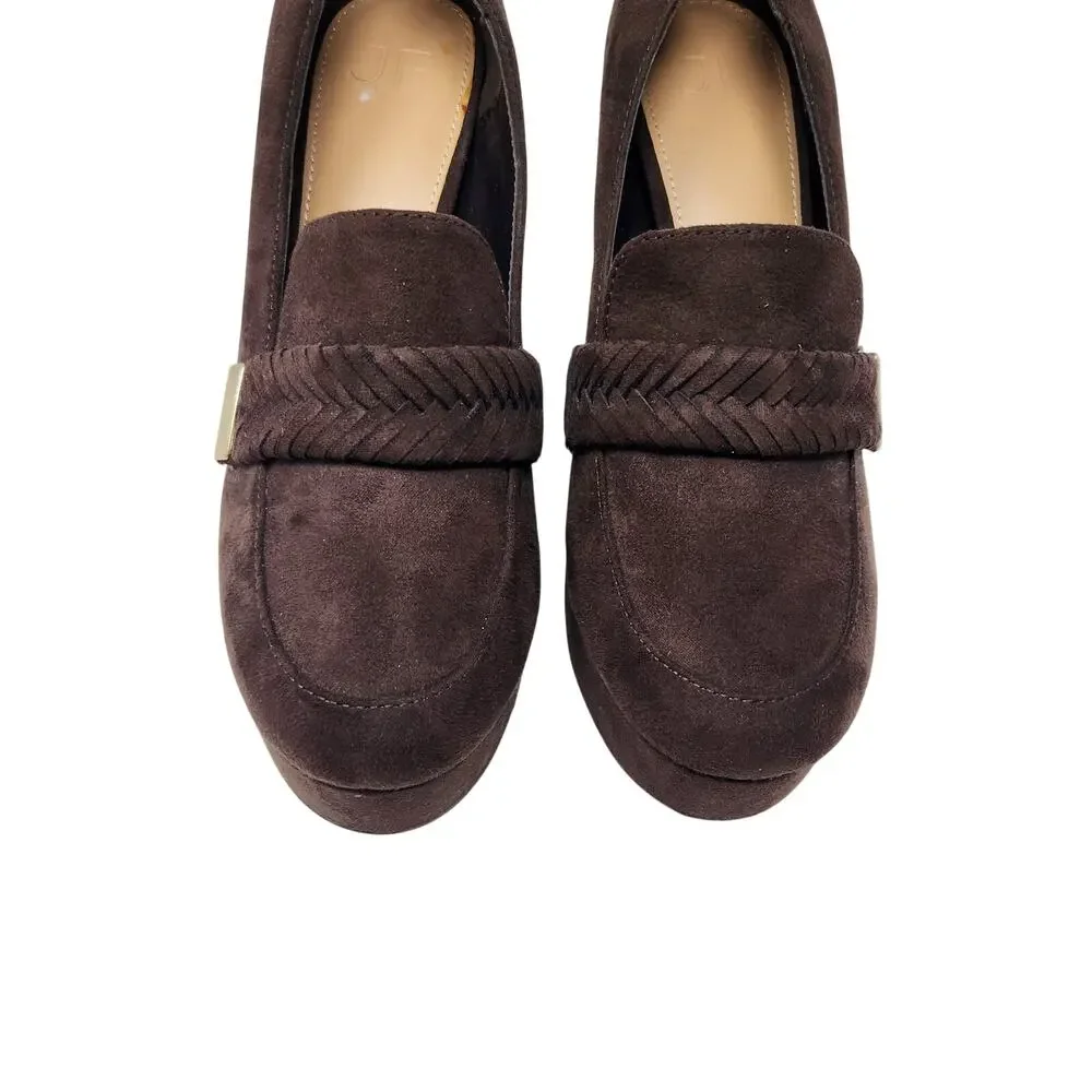 Just Fab JF Brown Suede Adele Braided Slip On Heeled Loafers Pump Sandals Size 7